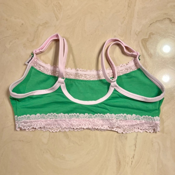 🍀VS PINK Cotton Lace Trim Scoop Bralette & Cheeky Panty Wild Green GOOD LUCK M/L - Picture 9 of 16